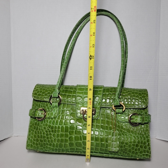Genuine Leather Green Croc Embossed Handbag Shoulder Bag Satchel Vintage - Picture 13 of 16